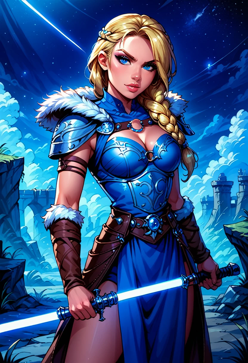 Dark Fantasy Art of score_9, score_8_up, score_7_up, rating_questionable, fantasy, lighting, epiCPhoto 1girl, solo, very sexy smuggler jedi (ASTRIDHOFFERSON, blonde hair, braid, Long hair, blue eyes, fur trim, shoulder armor, armor, pauldron:1.2), cleavage, thigh,  flirt, gaze, sexy look, half-closed eyes, head tilt, filled lips, thick lips, makeup, confident look, holding blue zzLightSaber, attack stance, modelling shoot, sexy pose, rocky shore setting, dark, moody, dark fantasy style, (midnight, moonless night:1.1), cowboy shot.