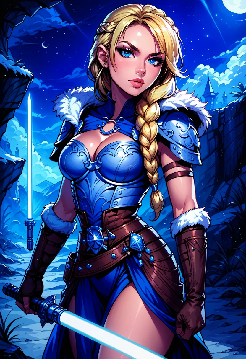 Dark Fantasy Art of score_9, score_8_up, score_7_up, rating_questionable, fantasy, lighting, epiCPhoto 1girl, solo, very sexy smuggler jedi (ASTRIDHOFFERSON, blonde hair, braid, Long hair, blue eyes, fur trim, shoulder armor, armor, pauldron:1.2), cleavage, thigh,  flirt, gaze, sexy look, half-closed eyes, head tilt, filled lips, thick lips, makeup, confident look, holding blue zzLightSaber, attack stance, modelling shoot, sexy pose, rocky shore setting, dark, moody, dark fantasy style, (midnight, moonless night:1.1), cowboy shot.