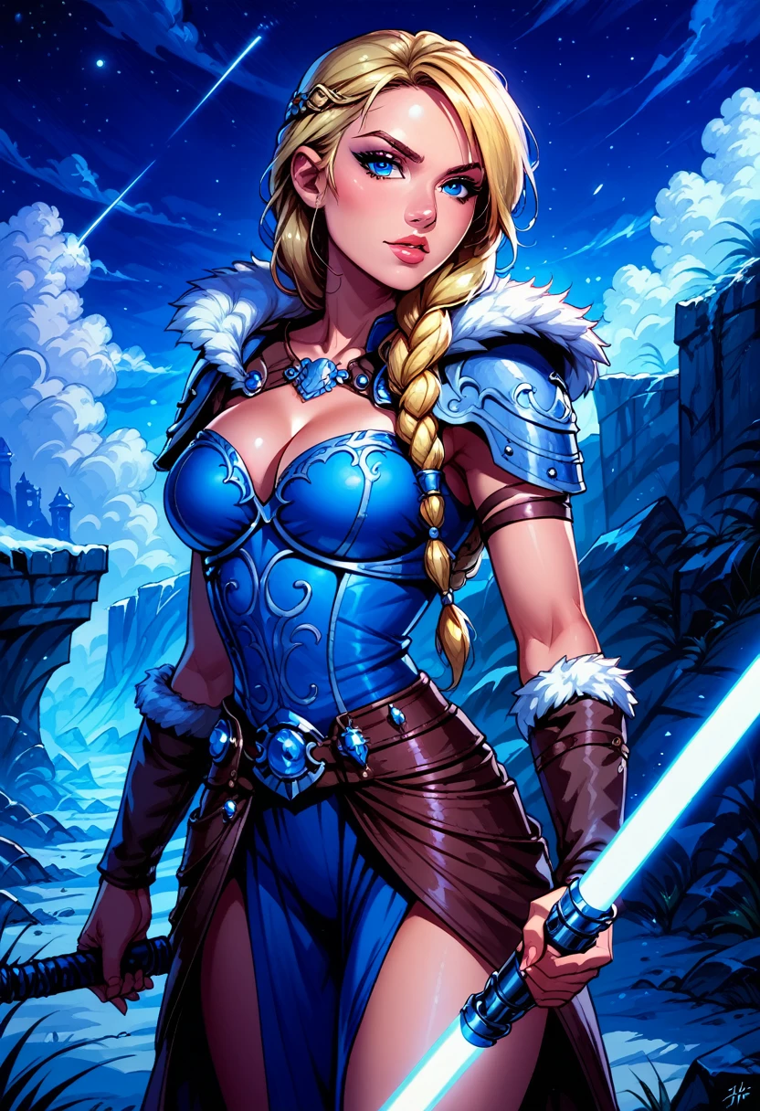 Dark Fantasy Art of score_9, score_8_up, score_7_up, rating_questionable, fantasy, lighting, epiCPhoto 1girl, solo, very sexy smuggler jedi (ASTRIDHOFFERSON, blonde hair, braid, Long hair, blue eyes, fur trim, shoulder armor, armor, pauldron:1.2), cleavage, thigh,  flirt, gaze, sexy look, half-closed eyes, head tilt, filled lips, thick lips, makeup, confident look, holding blue zzLightSaber, attack stance, modelling shoot, sexy pose, rocky shore setting, dark, moody, dark fantasy style, (midnight, moonless night:1.1), cowboy shot.