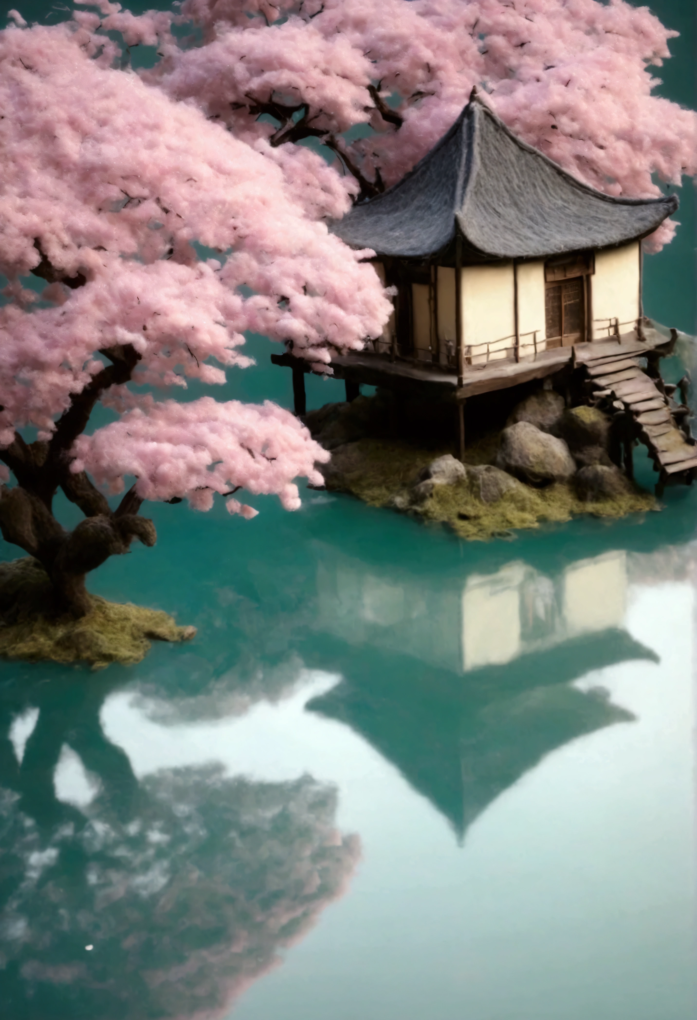 Felt style，Reflection on the surface of the lake，Flower Tree，Flower petals falling on the sparkling water，Ancient architecture，night，Felt texture