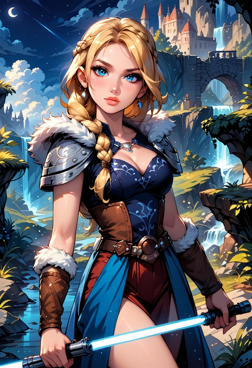 Dark Fantasy Art of score_9, score_8_up, score_7_up, rating_questionable, fantasy, lighting, epiCPhoto 1girl, solo, very sexy smuggler jedi (ASTRIDHOFFERSON, blonde hair, braid, Long hair, blue eyes, fur trim, shoulder armor, armor, pauldron:1.2), cleavage, thigh,  flirt, gaze, sexy look, half-closed eyes, head tilt, filled lips, thick lips, makeup, confident look, holding blue zzLightSaber, attack stance, modelling shoot, sexy pose, rocky shore setting, dark, moody, dark fantasy style, (midnight, moonless night:1.1), cowboy shot.