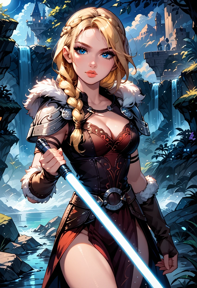 Dark Fantasy Art of score_9, score_8_up, score_7_up, rating_questionable, fantasy, lighting, epiCPhoto 1girl, solo, very sexy smuggler jedi (ASTRIDHOFFERSON, blonde hair, braid, Long hair, blue eyes, fur trim, shoulder armor, armor, pauldron:1.2), cleavage, thigh,  flirt, gaze, sexy look, half-closed eyes, head tilt, filled lips, thick lips, makeup, confident look, holding blue zzLightSaber, attack stance, modelling shoot, sexy pose, rocky shore setting, dark, moody, dark fantasy style, (midnight, moonless night:1.1), cowboy shot.