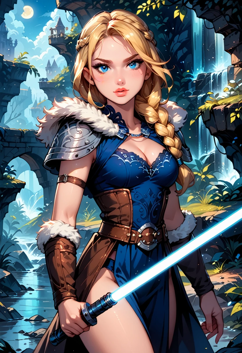 Dark Fantasy Art of score_9, score_8_up, score_7_up, rating_questionable, fantasy, lighting, epiCPhoto 1girl, solo, very sexy smuggler jedi (ASTRIDHOFFERSON, blonde hair, braid, Long hair, blue eyes, fur trim, shoulder armor, armor, pauldron:1.2), cleavage, thigh,  flirt, gaze, sexy look, half-closed eyes, head tilt, filled lips, thick lips, makeup, confident look, holding blue zzLightSaber, attack stance, modelling shoot, sexy pose, rocky shore setting, dark, moody, dark fantasy style, (midnight, moonless night:1.1), cowboy shot.