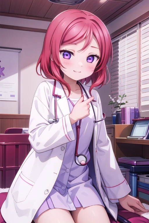 Maki Nishikino、Embarrassed smile、Bedroom、Red hair、Purple Eyes、Long white coat,Wearing a white coat，doctor,Examination room、Put a stethoscope around your neck、Sit in the examination chair、One girl, solo, One girl, 