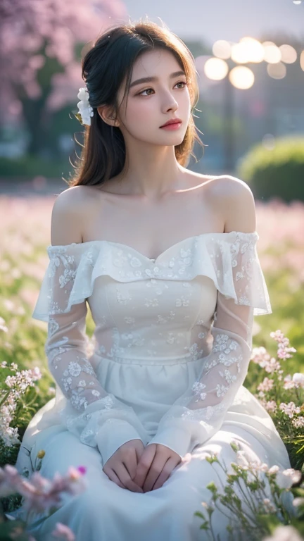 Best quality, masterpiece, ultra high resolution (photorealistic: 1.4), raw photo, 1 girl, white dress, bare shoulders, field of pink flowers in bloom, glowing skin, slight smile