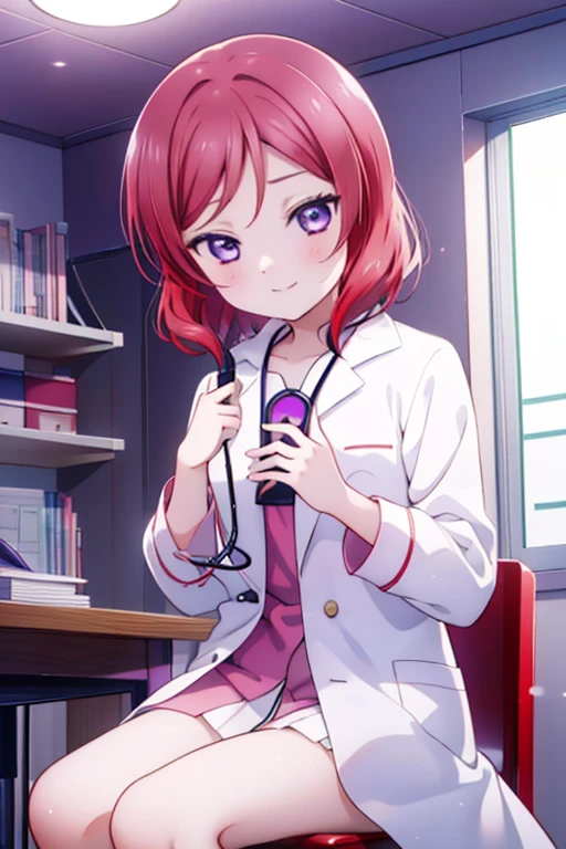 Maki Nishikino、Embarrassed smile、Bedroom、Red hair、Purple Eyes、Long white coat,Wearing a white coat，doctor,Examination room、Put a stethoscope around your neck、Sit in the examination chair、One girl, solo, One girl, 