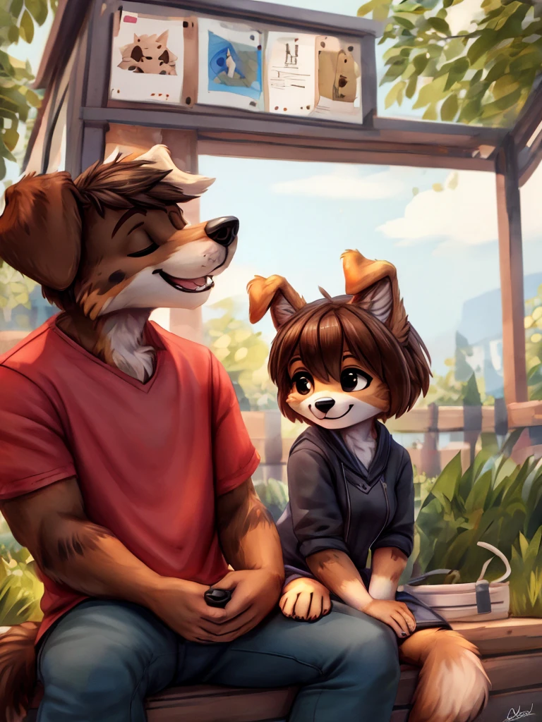 An anthropomorphic animal couple, a female dog with short brown hair and a male dog with black short hair, casual clothes, happy, high quality furry art, chibi style.