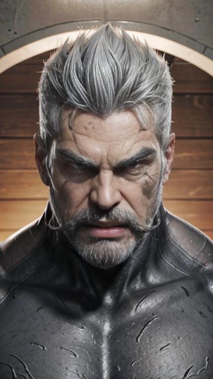 a muscular man, Quiff hairstyle, gray hair, gray mustache, gray beard, venom symbiote, large white spider symbol on symbiote, handsome face, detailed eyes, nose and lips, mouth wide open, detailed teeth, detailed vampiric fangs, 8k, high quality, photorealistic, dramatic lighting, cinematic
