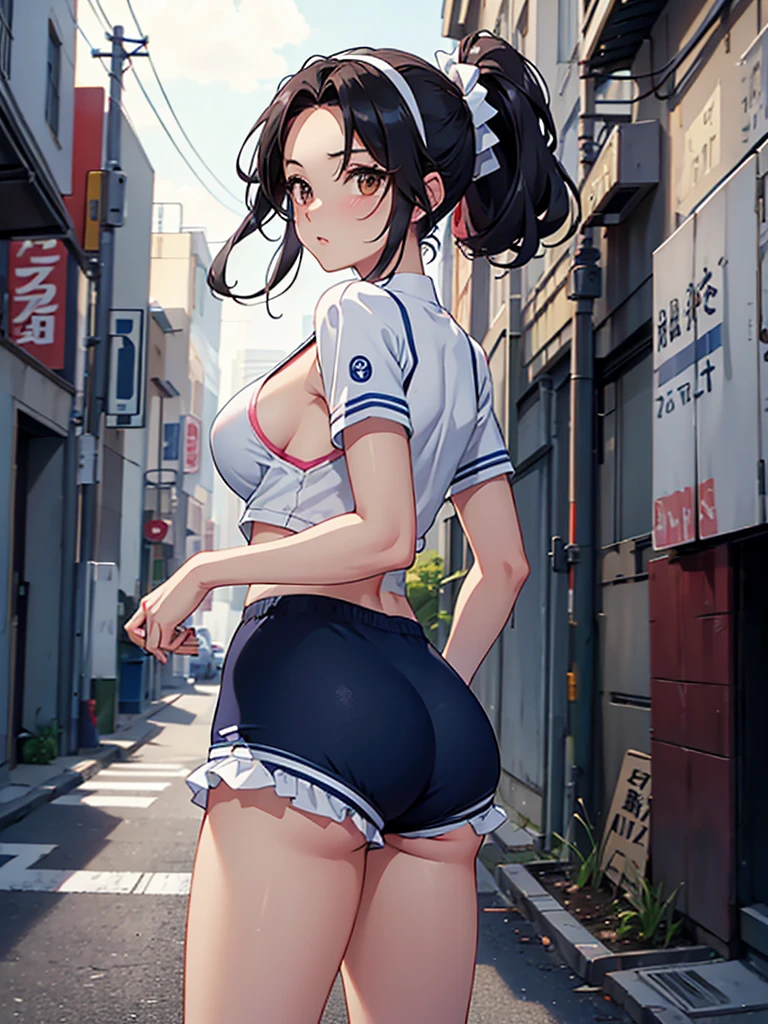 masterpiece, best quality, very aesthetic, absurdres, newest,1girl,naked_shirt, covered_nipples, ,chun_li(street_fighter),1girl,brown_eyes,short_hair, brown_hair,swept_bangs, bun_cover, double_bun, hair_bun, thick_thighs, large_breasts,,,in an amusement_park