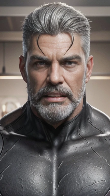 a muscular man, Quiff hairstyle, gray hair, gray mustache, gray beard, venom symbiote, large white spider symbol on symbiote, handsome face, detailed eyes, nose and lips, mouth wide open, detailed teeth, detailed vampiric fangs, 8k, high quality, photorealistic, dramatic lighting, cinematic
