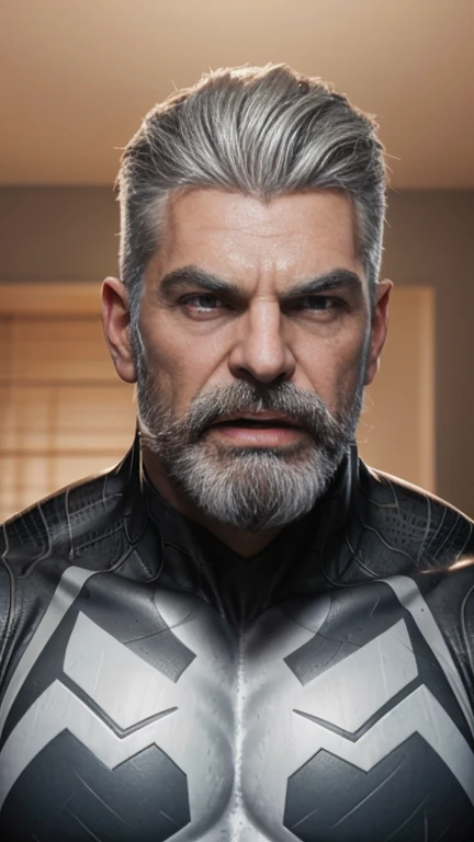 a muscular man, Quiff hairstyle, gray hair, gray mustache, gray beard, venom symbiote, large white spider symbol on symbiote, handsome face, detailed eyes, nose and lips, mouth wide open, detailed teeth, detailed vampiric fangs, 8k, high quality, photorealistic, dramatic lighting, cinematic
