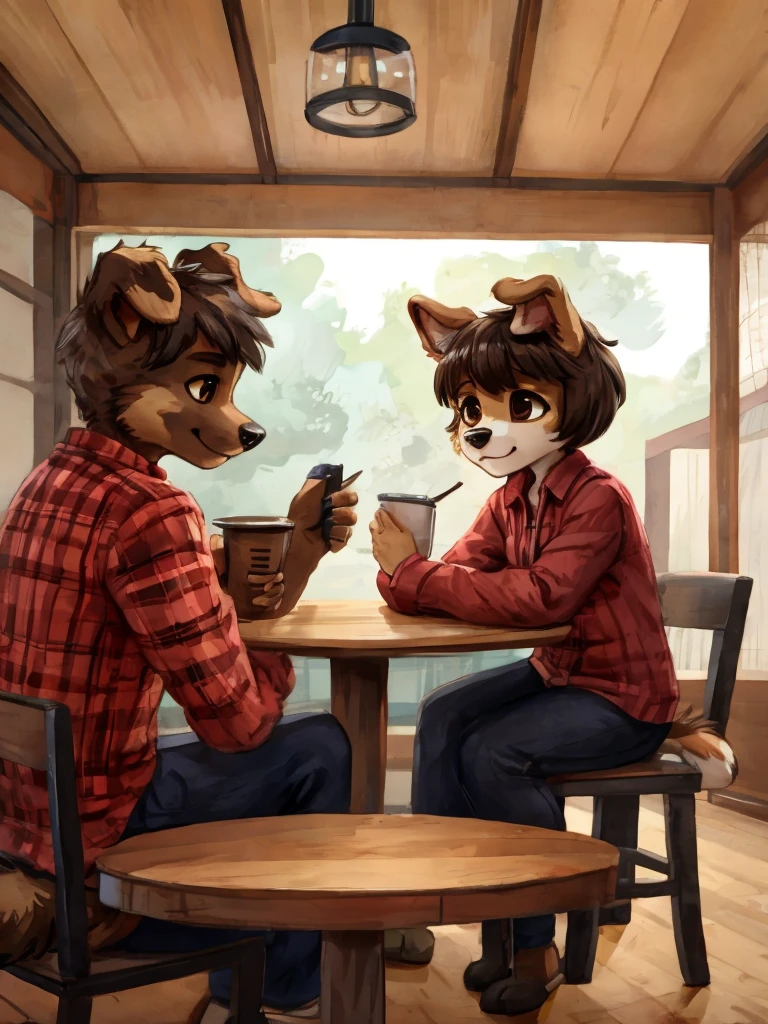 An anthropomorphic animal couple, a female dog with short brown hair and a male dog with black short hair, casual clothes, they are sitting at the table, high quality furry art, chibi style.