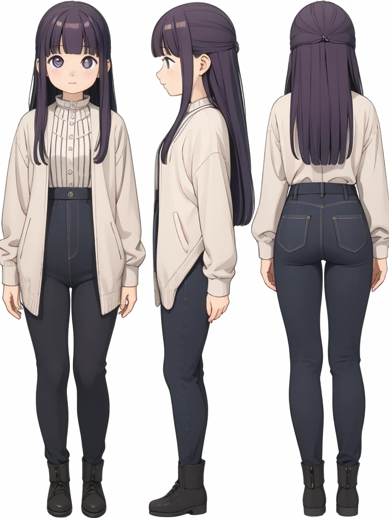 best quality, masterpiece), 1girl, 15 yo,cute, standing girl, three view drawing, front and back and side, (character sheet),full body,simple background,face close-up,eye best quality,thighs