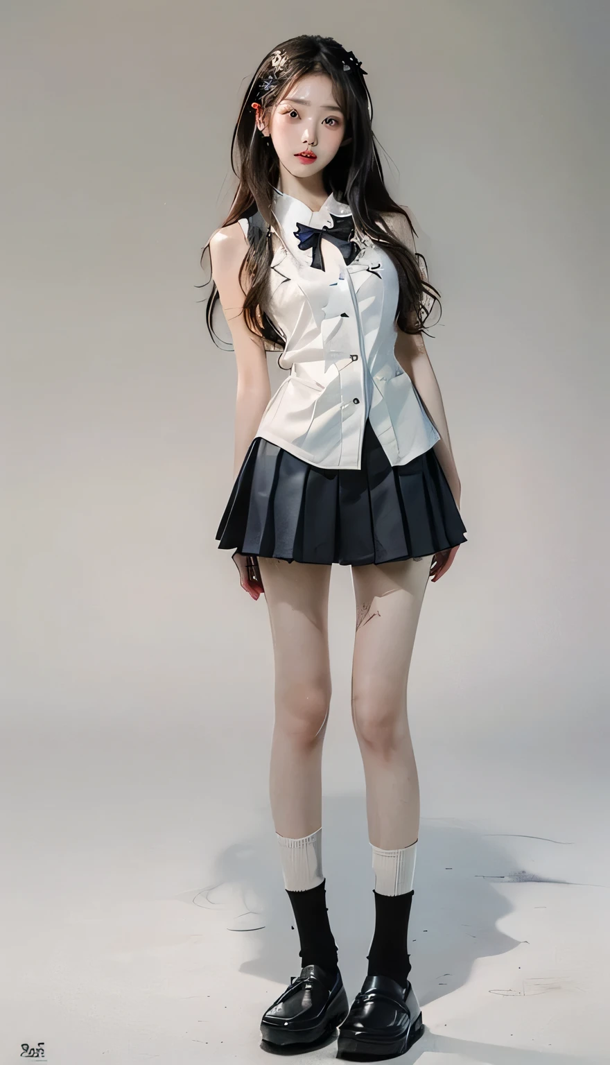 RAW Photos, Very delicate and beautiful, masterpiece, Highest quality, Ultra-high resolution, 16K, hyperRealistic, Realistic, (((((whole bodyショット:1.8)))))，((Slim model body shape))，((Long and thin legs))，(((Japanese high school girls wearing summer uniforms:1.7))),(((Wear black loafers:1.8))),((((The background is the Ginza district of Japan.:1.6)))), ((((Very modern, clean and beautiful walkway..:1.5)))),((((whole bodyショット:1.8))))，((((She looks just like Wonyoung from the Korean idol group IVE.:1.9))))，((((Checkered high school uniform short micro mini skirt:1.6)))),(((High school uniform summer short-sleeved white shirt:1.6))), (((Wear a red bow tie:1.6))),(((((Wearing very short socks that reach down to the ankles.:1.8))))),((((Wear black loafers on both feet:1.6))))，(((Revealing clothing:1.7)))，((Bare feet:1.8))， ((((Stand Upright:1.6)))),(((((Stand with your feet together:1.7))))),((Stretch your legs and stand up straight:1.6)),((Turn the whole body towards me:1.3)),((Stretch your legs straight out, narrower than shoulder width:1.3))，((Bare thighs:1.8))，((((Shins are bare:1.8))))，((((whole body :1.8)))),(((Short socks that expose a lot of the lower legs:1.7)))，Well-balanced and cute, staring with both eyes，(Wear short white socks on both feet:1.3)，Slim model body shape，((Inseam is half the height))，(A lean, muscular, athletic build:1.3)，(Slim and muscular legs)，(Thin legs),((Thin thighs))，(Long thighs)， Perfect Fingers, Small Ass，long and thin arms，Long legs,(Super slim and super muscular legs)，Firm teenage skin，Beautiful, moisturized teenage skin，Slim and model-like legs,Long and thin hands,Erect nipples, Perfect nipples, Perfect breasts, Perfect hands,((((She looks just like Wonyoung from the Korean idol group IVE.:1.8))))，((Height 173cm:1.3))，(((whole bodyショット))),Slim model body shape，のbeautiful girl，Long legs，photoRealistic, photo-Realistic, The fingers are reproduced in great detail.，Beautiful Hands，Very detailed, Perfect Anatomy, Very detailed肌, Perfect figure, Very detailed CG 8k wallpaper, Photo taken with a full-frame SLR camera set to ISO 100，Fair skin, Mid-chest, blush, the wind is strong,Long legs，Thin legs， sexy legs,Sunny daytime,9 heads and body beauty, Small Ass，Super toned waist，Fluffy hair, bangs,Green street trees can be seen in the background，Medium sized breasts, Beautiful Hair,Put your hands down,Tight waist，The background is a sunny day，It&#39;s midsummer，Bright outdoors，friend, smile,cute,Beautiful girl Happy,Mid-chest, Laughter,Black Hair, Tight waist，(((Wear black loafers on both feet:1.6))),cute，beautiful girl，Reproduce every detail clearly，Realistic reproduction of skin expression，Shooting at a low angle，Photograph your legs to make them look longer，((((Anatomically correct:1.4))))