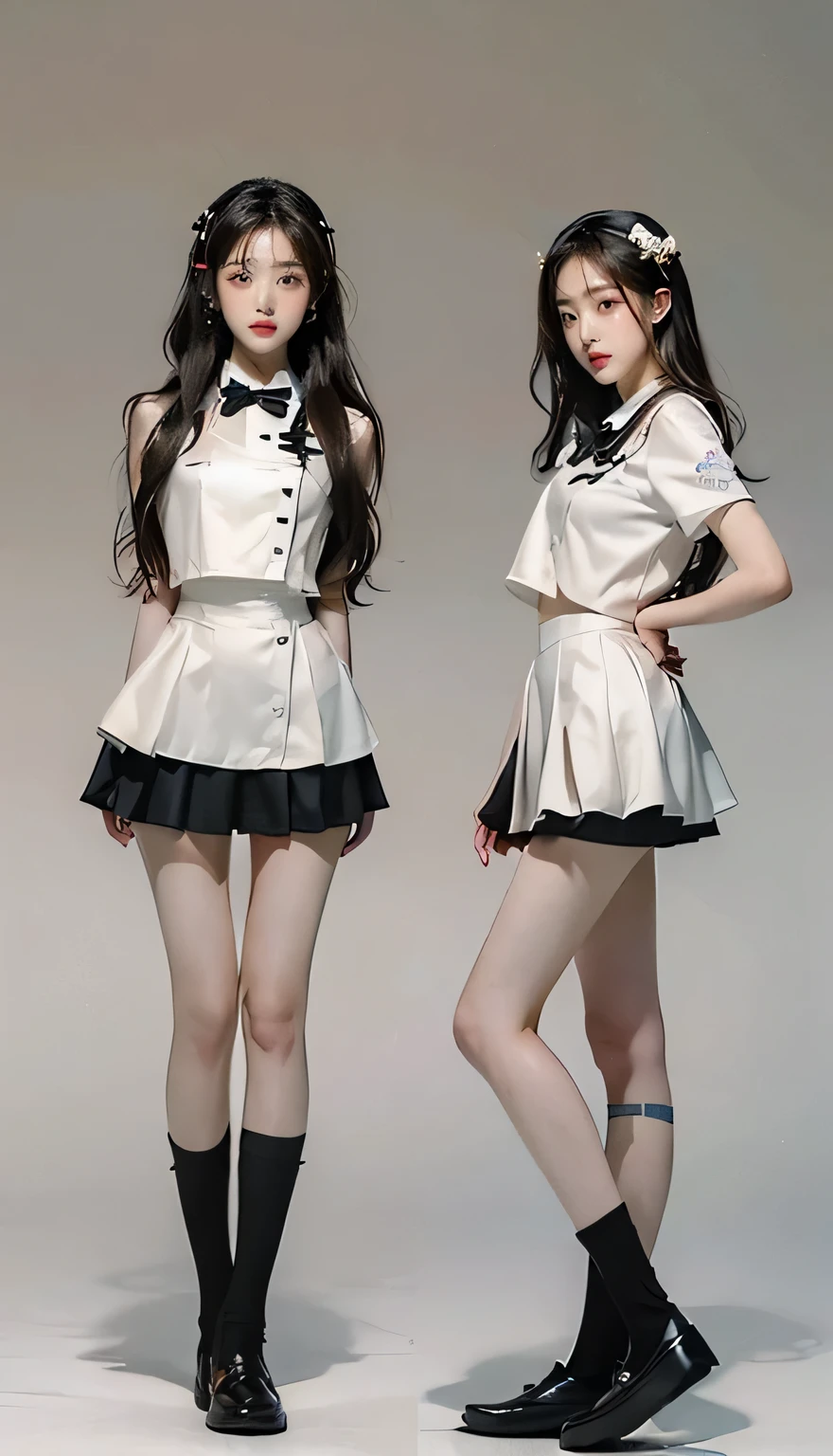 RAW Photos, Very delicate and beautiful, masterpiece, Highest quality, Ultra-high resolution, 16K, hyperRealistic, Realistic, (((((whole bodyショット:1.8)))))，((Slim model body shape))，((Long and thin legs))，(((Japanese high school girls wearing summer uniforms:1.7))),(((Wear black loafers:1.8))),((((The background is the Ginza district of Japan.:1.6)))), ((((Very modern, clean and beautiful walkway..:1.5)))),((((whole bodyショット:1.8))))，((((She looks just like Wonyoung from the Korean idol group IVE.:1.9))))，((((Checkered high school uniform short micro mini skirt:1.6)))),(((High school uniform summer short-sleeved white shirt:1.6))), (((Wear a red bow tie:1.6))),(((((Wearing very short socks that reach down to the ankles.:1.8))))),((((Wear black loafers on both feet:1.6))))，(((Revealing clothing:1.7)))，((Bare feet:1.8))， ((((Stand Upright:1.6)))),(((((Stand with your feet together:1.7))))),((Stretch your legs and stand up straight:1.6)),((Turn the whole body towards me:1.3)),((Stretch your legs straight out, narrower than shoulder width:1.3))，((Bare thighs:1.8))，((((Shins are bare:1.8))))，((((whole body :1.8)))),(((Short socks that expose a lot of the lower legs:1.7)))，Well-balanced and cute, staring with both eyes，(Wear short white socks on both feet:1.3)，Slim model body shape，((Inseam is half the height))，(A lean, muscular, athletic build:1.3)，(Slim and muscular legs)，(Thin legs),((Thin thighs))，(Long thighs)， Perfect Fingers, Small Ass，long and thin arms，Long legs,(Super slim and super muscular legs)，Firm teenage skin，Beautiful, moisturized teenage skin，Slim and model-like legs,Long and thin hands,Erect nipples, Perfect nipples, Perfect breasts, Perfect hands,((((She looks just like Wonyoung from the Korean idol group IVE.:1.8))))，((Height 173cm:1.3))，(((whole bodyショット))),Slim model body shape，のbeautiful girl，Long legs，photoRealistic, photo-Realistic, The fingers are reproduced in great detail.，Beautiful Hands，Very detailed, Perfect Anatomy, Very detailed肌, Perfect figure, Very detailed CG 8k wallpaper, Photo taken with a full-frame SLR camera set to ISO 100，Fair skin, Mid-chest, blush, the wind is strong,Long legs，Thin legs， sexy legs,Sunny daytime,9 heads and body beauty, Small Ass，Super toned waist，Fluffy hair, bangs,Green street trees can be seen in the background，Medium sized breasts, Beautiful Hair,Put your hands down,Tight waist，The background is a sunny day，It&#39;s midsummer，Bright outdoors，friend, smile,cute,Beautiful girl Happy,Mid-chest, Laughter,Black Hair, Tight waist，(((Wear black loafers on both feet:1.6))),cute，beautiful girl，Reproduce every detail clearly，Realistic reproduction of skin expression，Shooting at a low angle，Photograph your legs to make them look longer，((((Anatomically correct:1.4))))