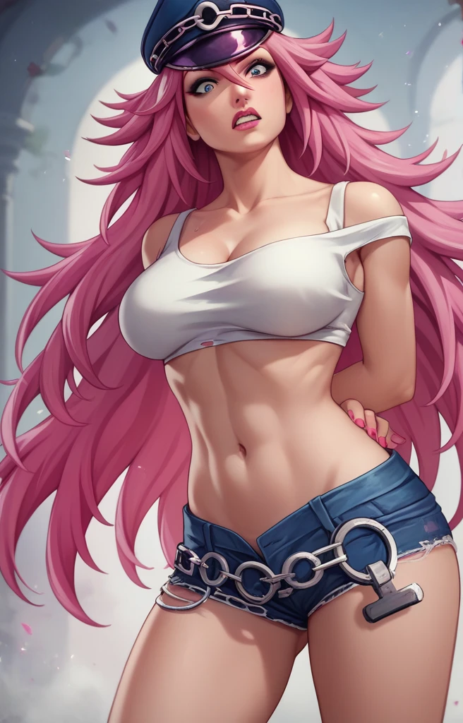 score_9, score_8_up, score_7_up, masterpiece, high quality 1girl, pink long hair, nail polish, poison, white crop top, huge , hands behind back, denim shorts, long hair, (face focus:1), blue eyes, ultra-detailed, masterpiece, highest quality, detailed eyes, hat, big breasts, shocked expression, taken by surprise, arms behind back, big grin