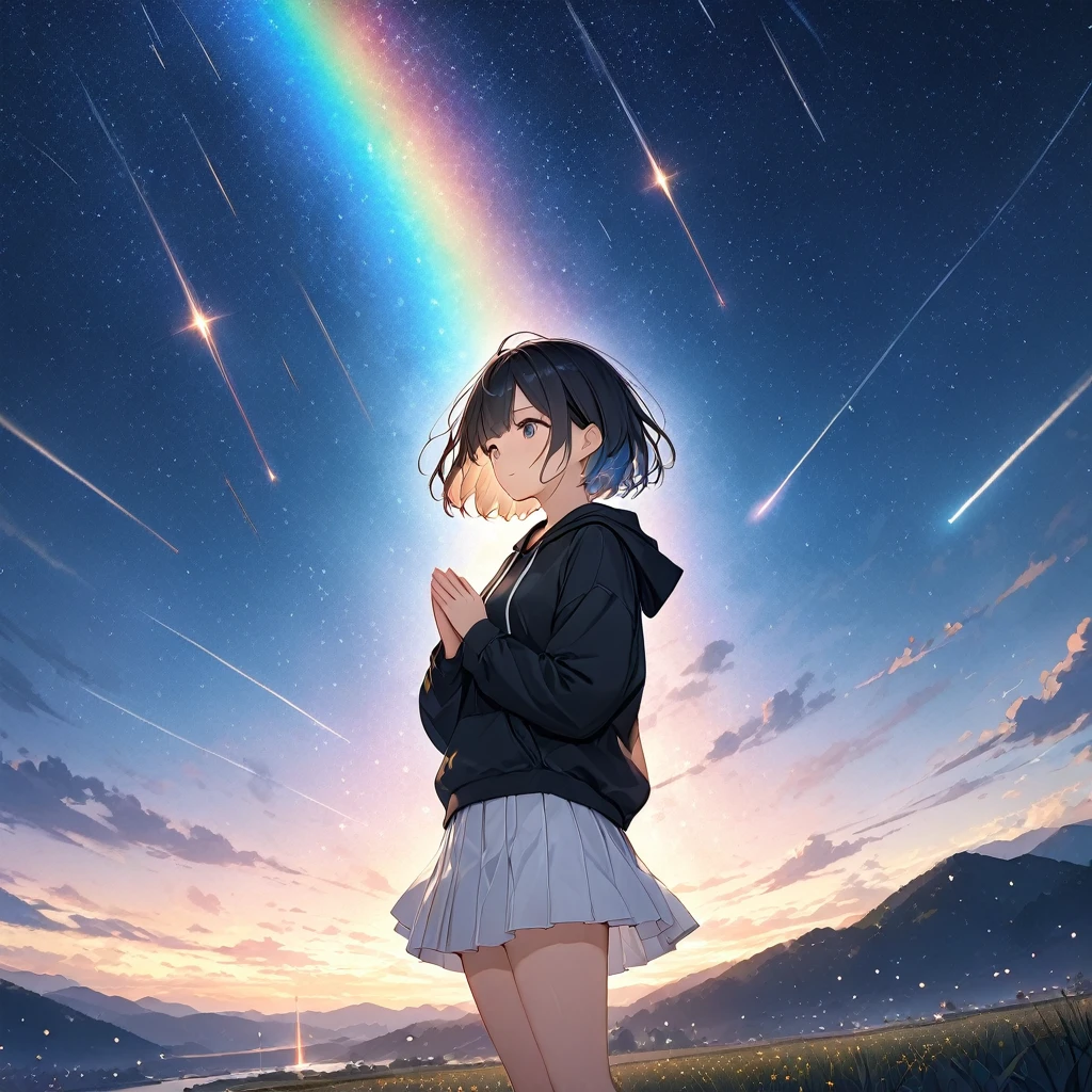 anime、((Amazingly absurd)),(masterpiece:1.2),超High resolution, Attention to detail, high quality, High resolution, 最high quality, 4K, 8k、Black hoodie、White Skirt、Black Hair、short hair、starry skies、Milky Way、((Rainbow meteor shower))、A girl sees a lot of shooting stars、Praying with hands together、Strong desire、(A slightly fleeting expression)