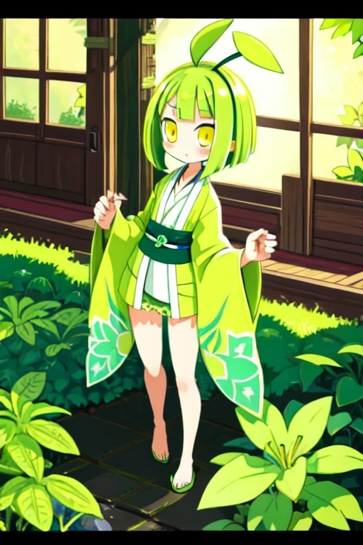 Plant Fairy Alraune Beautiful girl Green hair Bob hair Bangs Yellow eyes Round eyes Lower body is plant Kimono Clover Vine Root