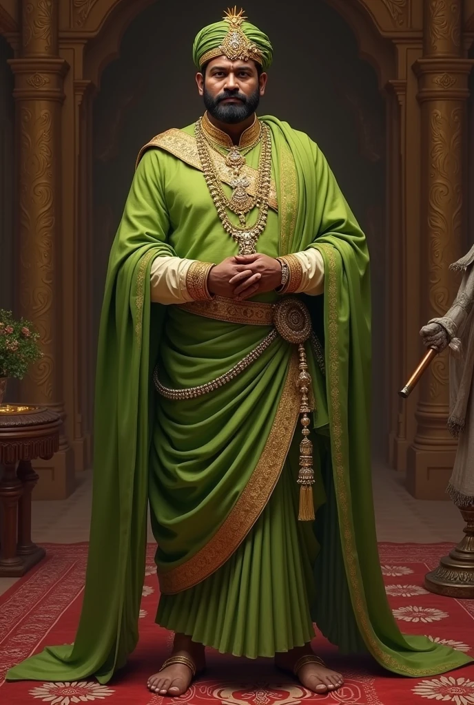 Creat an image of an maharaja men wearing green kurti and saree dothi 

