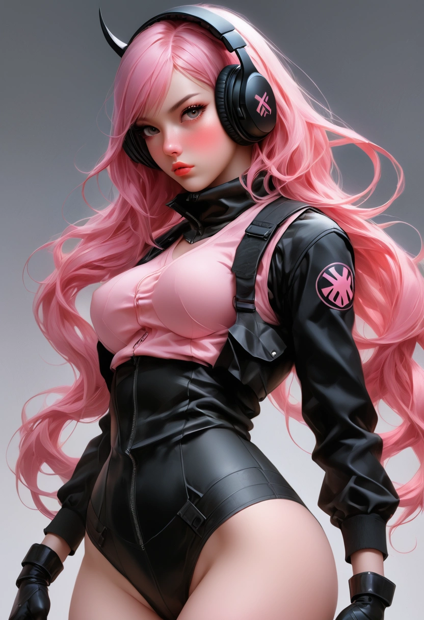 hyperrealistic image from anime, in the style of Marvel comics collaboration Ilya Kuvshinov, a young succubus woman transformed to her full height, pink hair, long square haircut, big beautiful eyes with large black eyelashes, blush on her cheeks, plump sexy lips, slender, graceful body, dressed in black panties, pink stockings, army bulletproof vest, tactical headphones, Kalashnikov assault rifle,