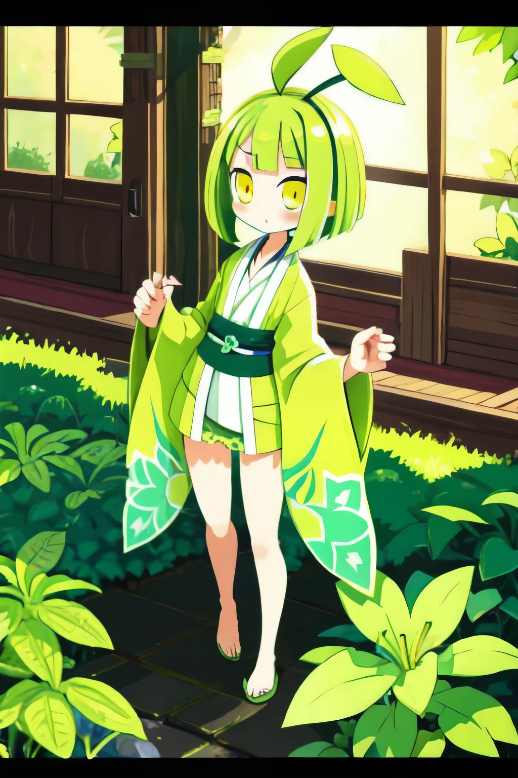 Plant Fairy Alraune Beautiful girl Green hair Bob hair Bangs Yellow eyes Round eyes Lower body is plant Kimono Clover Vine Root