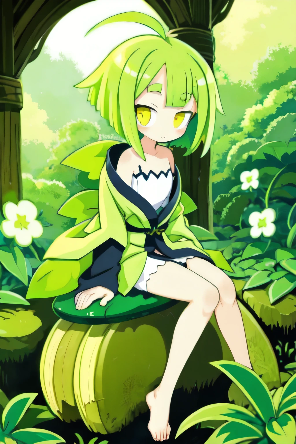 Plant Fairy Alraune Beautiful girl Green hair Bob hair Bangs Yellow eyes Round eyes Lower body is plant Kimono Clover Vine Root