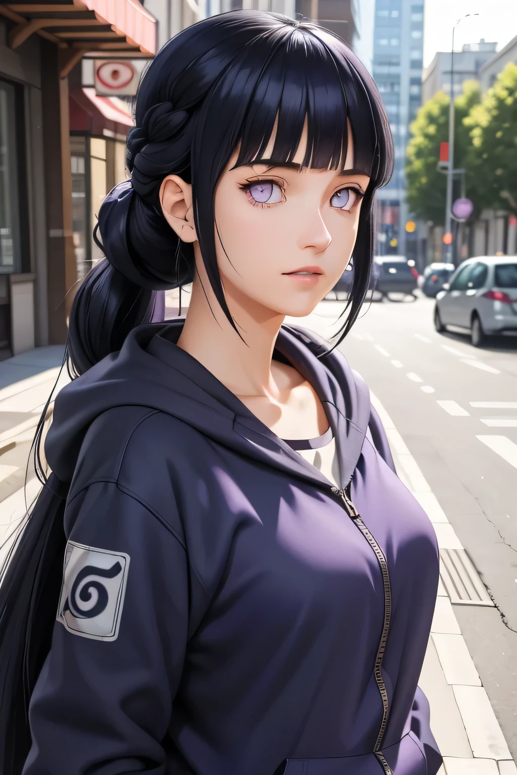 masterpiece, Best quality, ultra detailed, illustration,1 girl,
long hair, dark blue hair, french braid, purple eyes, blunt bangs,
Wearing a street hoodie, stylish,
medium breast,
I look at the viewer, Hinata\(shippuden\)