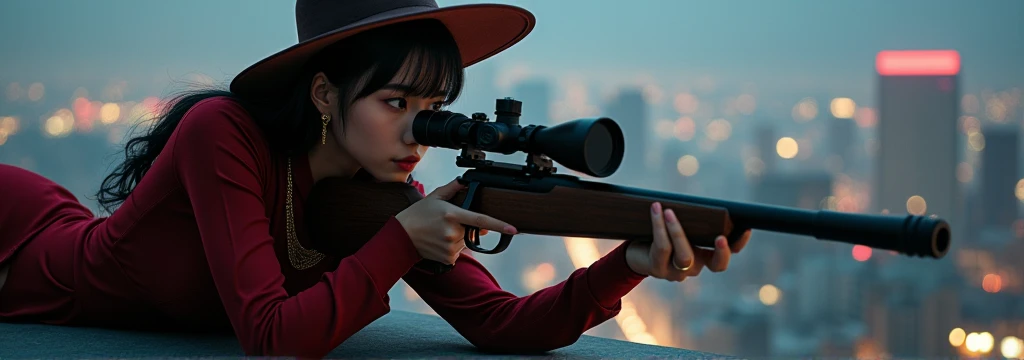 a beautiful young korean woman with dark raven hair, straight hair, long lashes, big eyes, (big breasts:1.4), large dark red silk hat, wearing a sexy tight long dark red silk dress with a slit, dark red stiletto heels, sheer black pantyhose, color contact lenses, a thin golden necklace, ring earrings, an ace sniper lying at hiding place on roof of a high building on a prone position about midnight, aiming a long wooden sniper rifle at a distant target, her legs opened into the slit of the dress, (best quality,4k,8k,highres,masterpiece:1.2),ultra-detailed,(realistic,photorealistic,photo-realistic:1.37),HDR,studio lighting,extreme detail description,vivid colors,cinematic,highly detailed,masterful lighting,ultra-high definition quality, bird eye shot