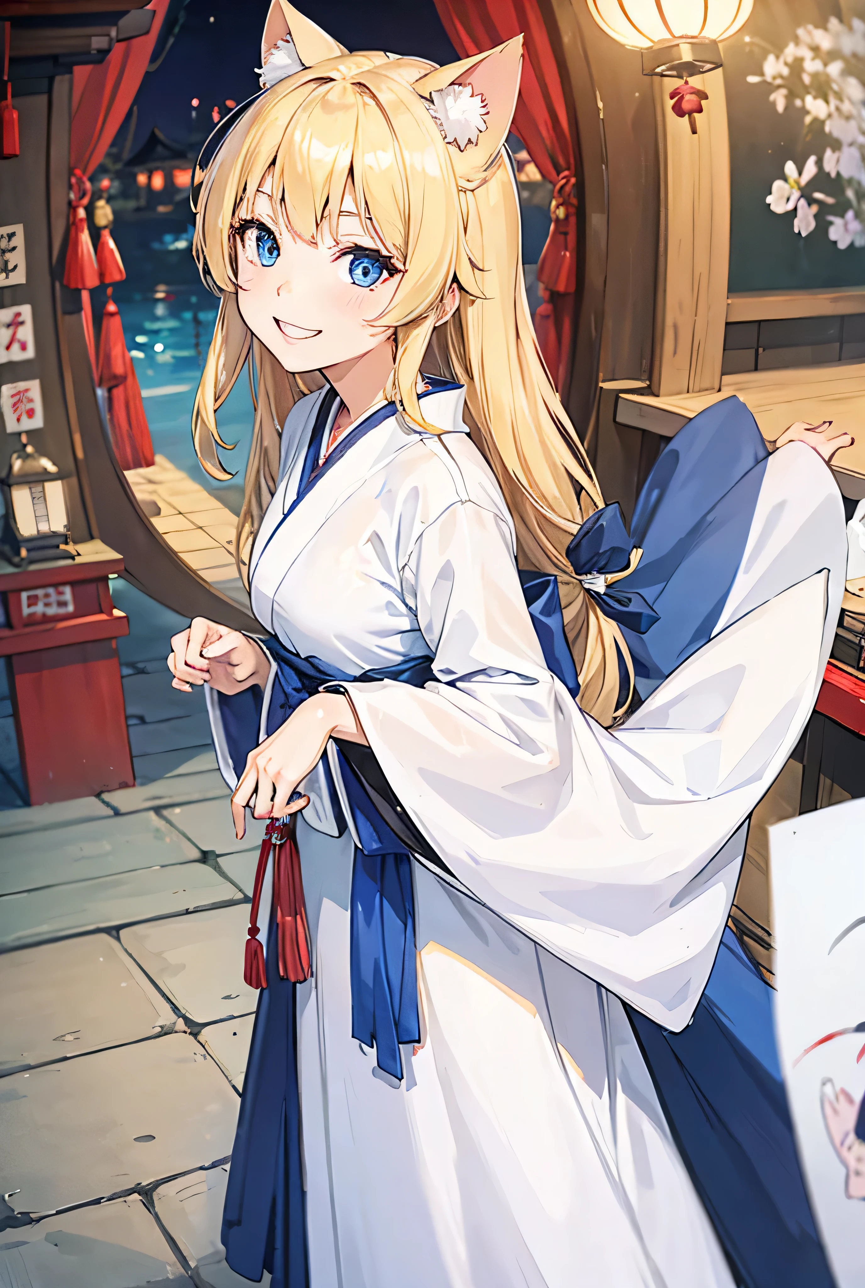 One Girl, Long Hair, Big smile, Blonde, Blue Eyes, White kimono, shrine, Highest quality, High-resolution models, Cat ear, Fisheye Shot,