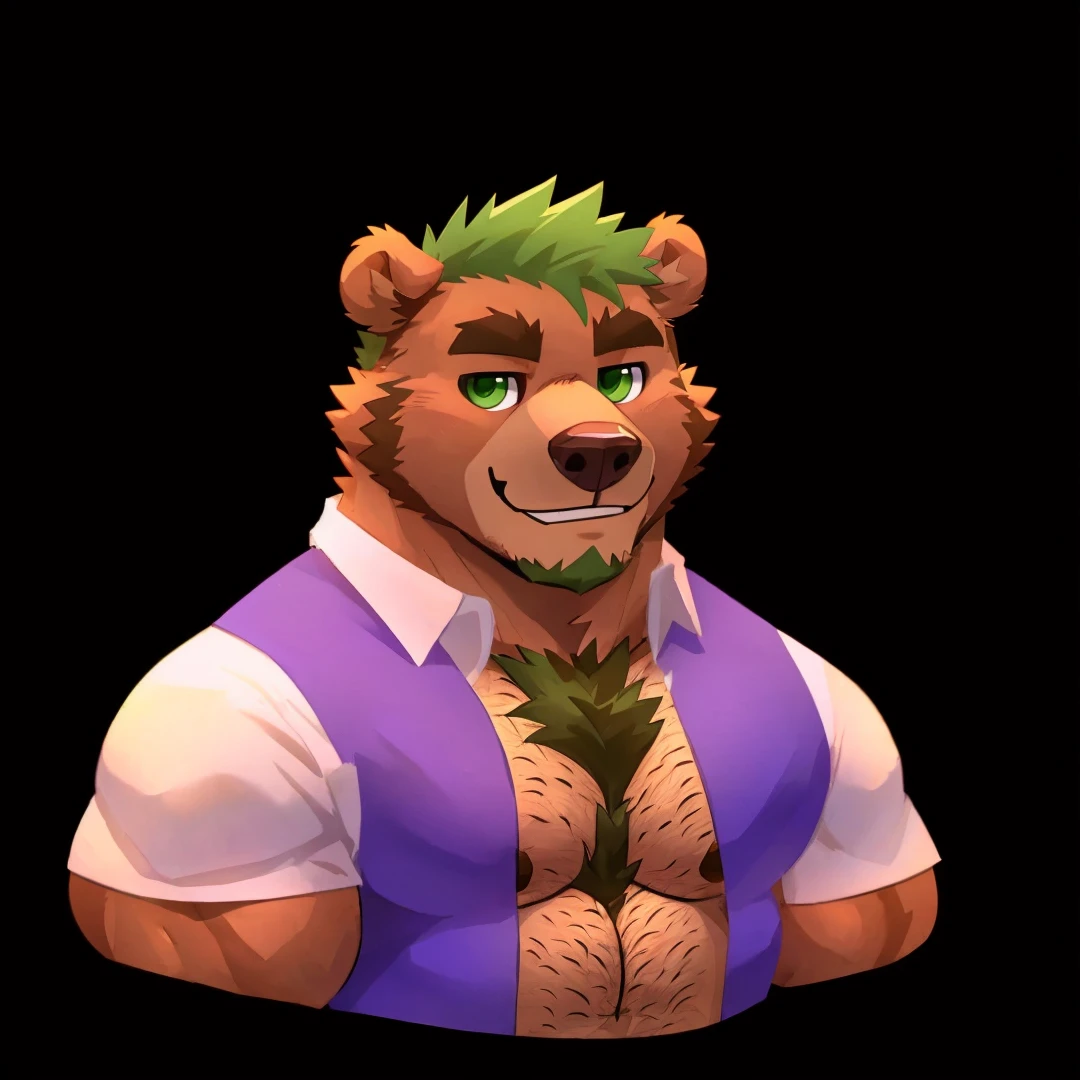 A caramel brown fur, muscular grizzly bear, he's a daddy bear, hairy-himbo chest, short green hair, green eyes, closed smile, high quality furry art, chibi style.