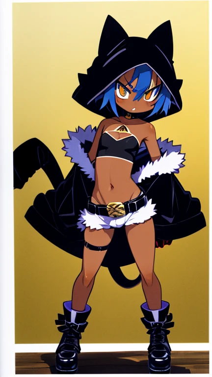 Pygmy, slender, grumpy, cat eyes, triangular mouth, red cheeks, short, messy blue hair, slightly pointed ears, amber eyes, black pupils, dark skin, tan lines, bandages, vest, hot pants, choker, leather gloves, leather shoes, belt, hooded robe, loincloth, fur, boa, tail