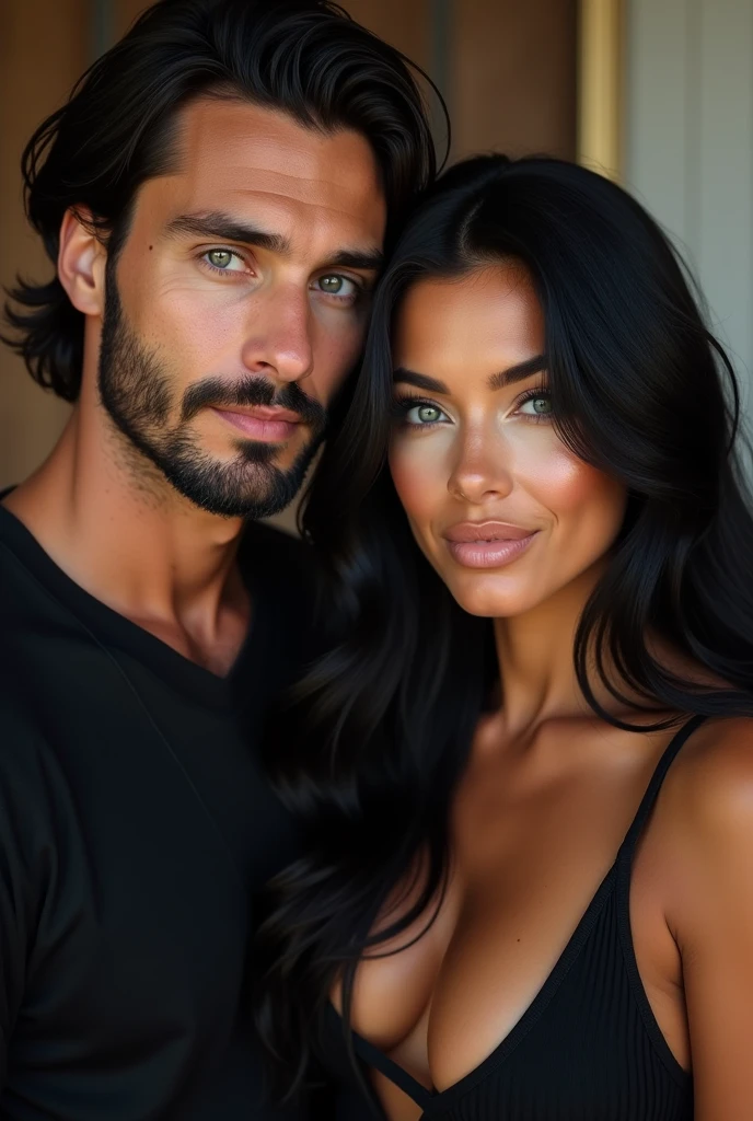 Create an image of a tanned woman without makeup with long hair,smooth and very black ,brown eyes,freckles only on the cheeks and nose and a medium sized mouth. She must be wearing a long green dress with puffed sleeves and a black corset and a man with white skin and a strong body with brown hair and hazel eyes.,sem beard ,wearing a white long sleeve shirt with the top two buttons open ,must be leaning against the wall