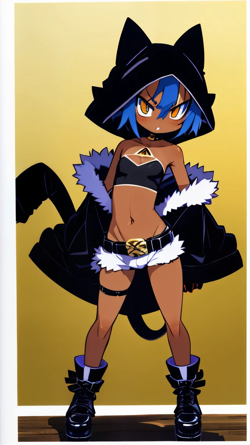 Pygmy, slender, grumpy, cat eyes, triangular mouth, red cheeks, short, messy blue hair, slightly pointed ears, amber eyes, black pupils, dark skin, tan lines, bandages, vest, hot pants, choker, leather gloves, leather shoes, belt, hooded robe, loincloth, fur, boa, tail