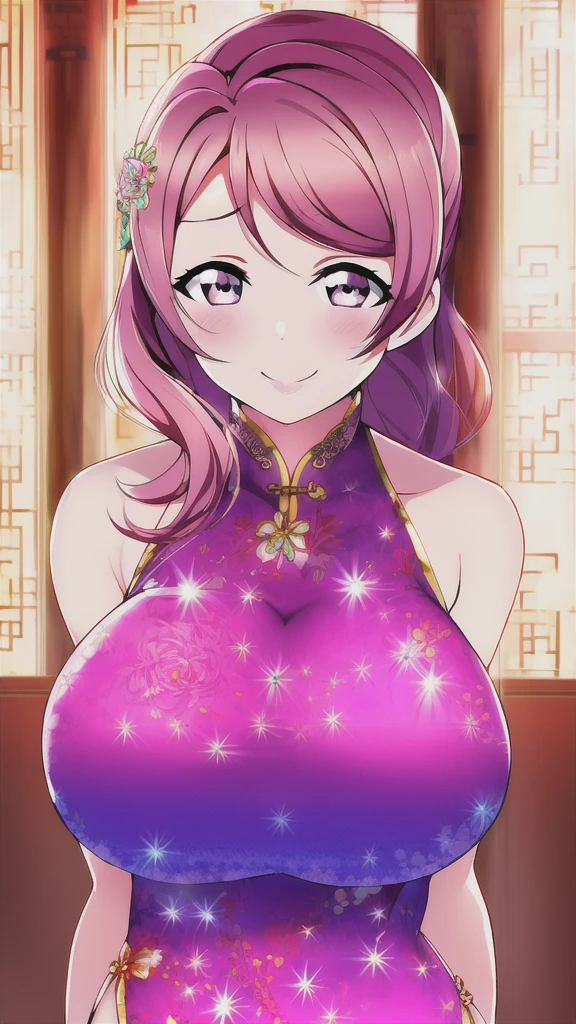  Erotic、Love Live Watanabe You、Huge_chest, alone, China_dress, Pink and sexy love hotel, Highest quality, Detailed face, Detailed eyes, High resolution,Upper Body、Evil female executive、Wicked Smile、chestの谷間、Sexy pose