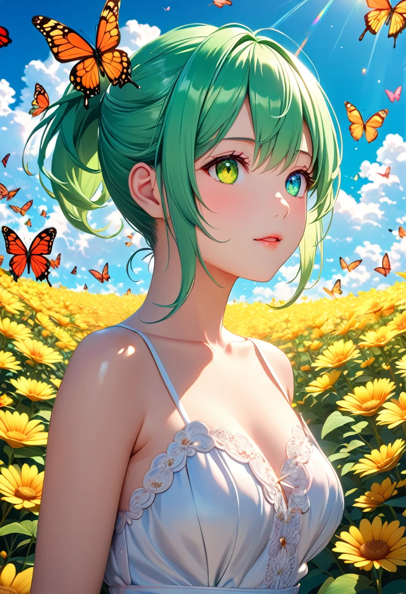 masterpiece, cat girl with green hair, heterochromia of {{{yellow right eye}}} and {{{green left eye}}}, single high ponytail, looking up at the sky), (Many butterflies flying in the sky), Beautiful sky, summer，Colorful flowers are blooming everywhere, Mysterious and dreamy , quality\(8K,CG wallpaper, masterpiece,High resolution,top-quality, Best quality,Very detailed,Light,Ray Tracing,Golden Ratio), drop shadow, anaglyph, stereogram, tachi-e, atmospheric perspective, 8K, super detail, best quality, anatomically correct, close up