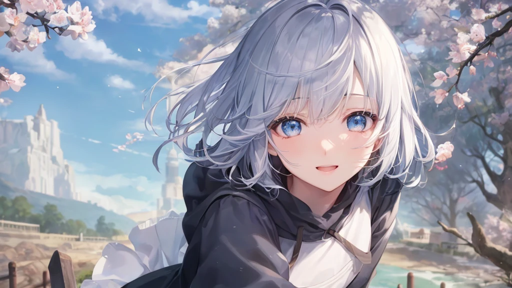 Ultra-high image quality,Look at viewers, hands behind back, girl with, 20 years old, Very short hair, long bangs between eyes, pale blue eyes, Hoodie, Skirt , Extremely detailed,(​masterpiece、top-quality)、report、White hair、A smile、White skin as clear as snow、Fantastical, Silver hair, Black eyes, Beautiful eyes,, Ecstasy, charmed, be smitten with audience, Hoodie, White hoodie,a black skirt,Hair is short,look down from above,(masutepiece, Best Quality:1.1),report, 1girll, Curve,White jacket, Casual style,Open jacket, Fluttering hair、a small face、hason、Bright smile、(parka、white sneaker fingers、Human hand)、(Detailed face) 、(top-quality: 1.4、tmasterpiece、 hyper HD、 Top resolution,、Very detailed、 profetional lighting、 Gray Light Lighting,fantastic landscape, Sunlight,Shoulder out