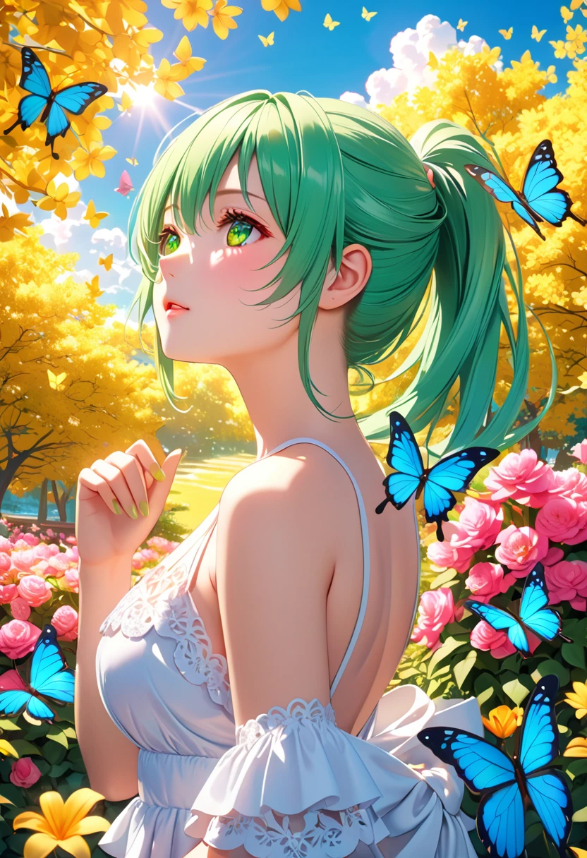 masterpiece, cat girl with green hair, heterochromia of {{{yellow right eye}}} and {{{green left eye}}}, single high long ponytail, looking up at the sky), (Many butterflies flying in the sky), Beautiful sky, summer，Colorful flowers are blooming everywhere, Mysterious and dreamy , quality\(8K,CG wallpaper, masterpiece,High resolution,top-quality, Best quality,Very detailed,Light,Ray Tracing,Golden Ratio), drop shadow, anaglyph, stereogram, tachi-e, atmospheric perspective, 8K, super detail, best quality, anatomically correct, 