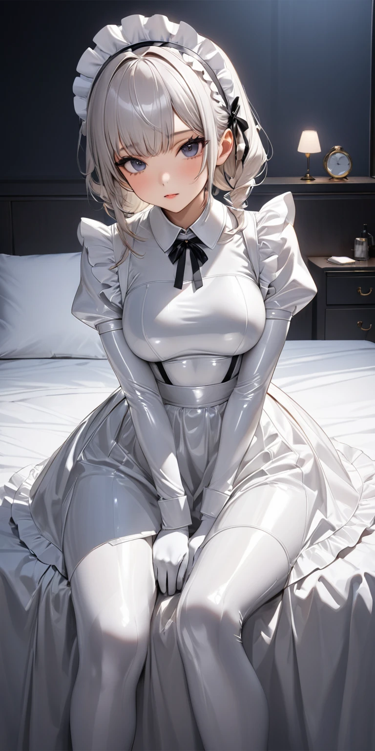 Full body photo、Front facing pose、(masterpiece,Highest quality,Ultra-high resolution),Japanese women, Maid's headband、(((Very beautiful 2))),(White latex maid outfit)、(Long sleeve)、(((White latex long skirt)))、White latex long gloves、White latex tights、Latex is very shiny、Tight white latex bodysuit、Dark room at night、Sit on the edge of the bed