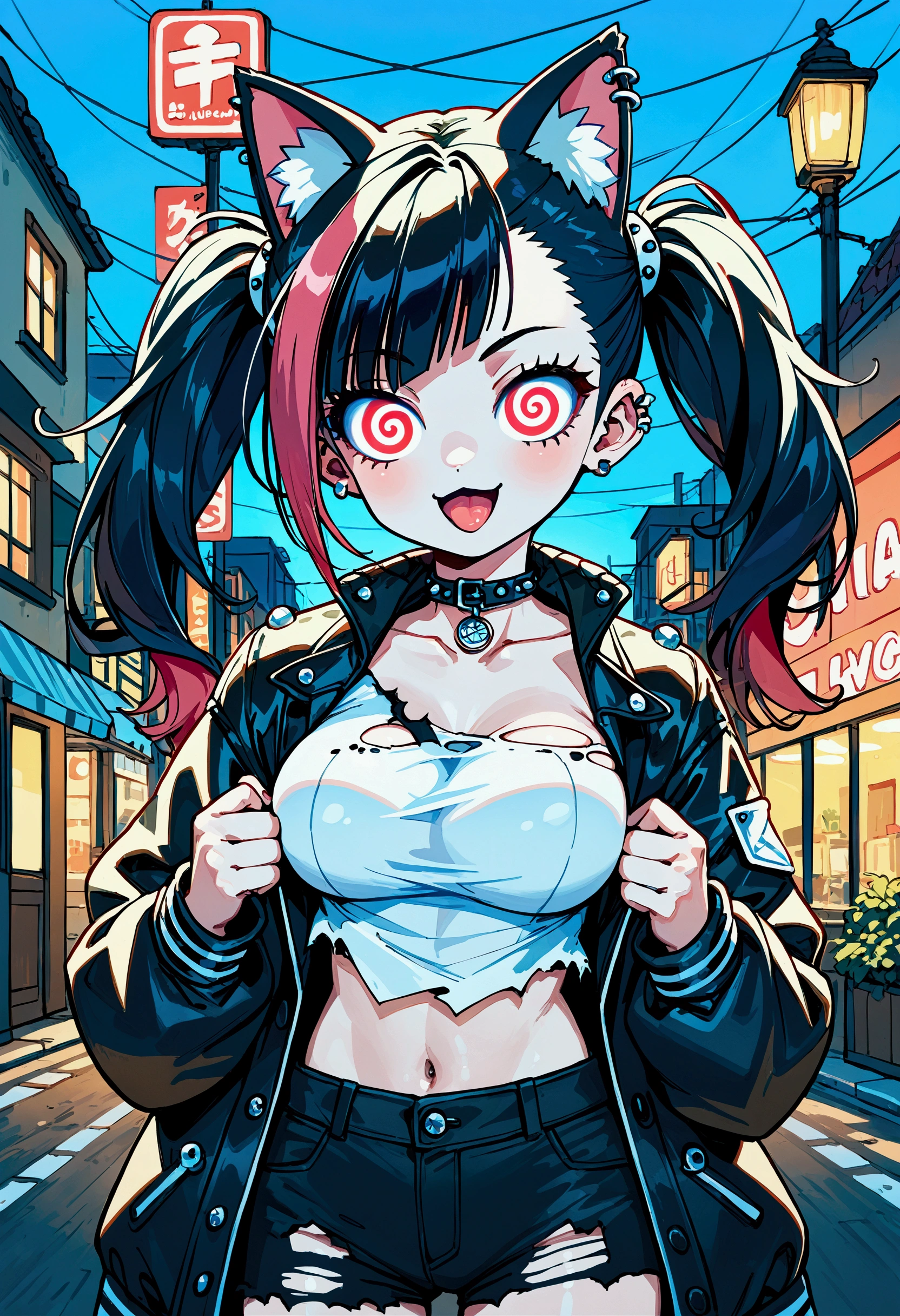 solo,1girl\(cute, kawaii, age of 12,(evil smile:1.2),open mouth, tongue, (black hair:1),(long hair),(twin tails hair),pale skin, skin color blue, red eyes, eyes shining, (big eyes),(breast:1.4),(punk fashion:1.6),(ripped clothes:1.5),(tight tube top),(tight hot pants),(stomach shown:0.8),(ripped black short jacket:1.4),(fluffy black cat-ear:1.4),(dynamic pose:1.2), spiralwash eyes, spiral eyes,bang\), BREAK ,background\(outside, noisy city, backstreet, narrow street, neon lights, at night\),score_9, score_8_up, score_7_up, score_6_up, score_5_up, score_4_up, source_anime,source_furry,rating_safe,rating_questionable,masterpiece, best quality, perfect anatomy , very aesthetic , absurdres ,