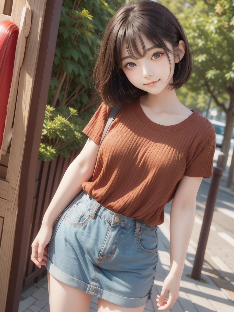 (8k, RAW Photos, highest quality, masterpiece, Realistic, Realistic), (1 female), (Ultimate beauty), Highly detailed face, (Perfect Teeth), Beautiful Eyes, double eyelid, eyelash, smile, Lip details, Brunette Bob, The light shines on your face, Big Breasts, ((T-Shirts)), (Tight mini skirt), (background: garden), ((Written boundary depth))