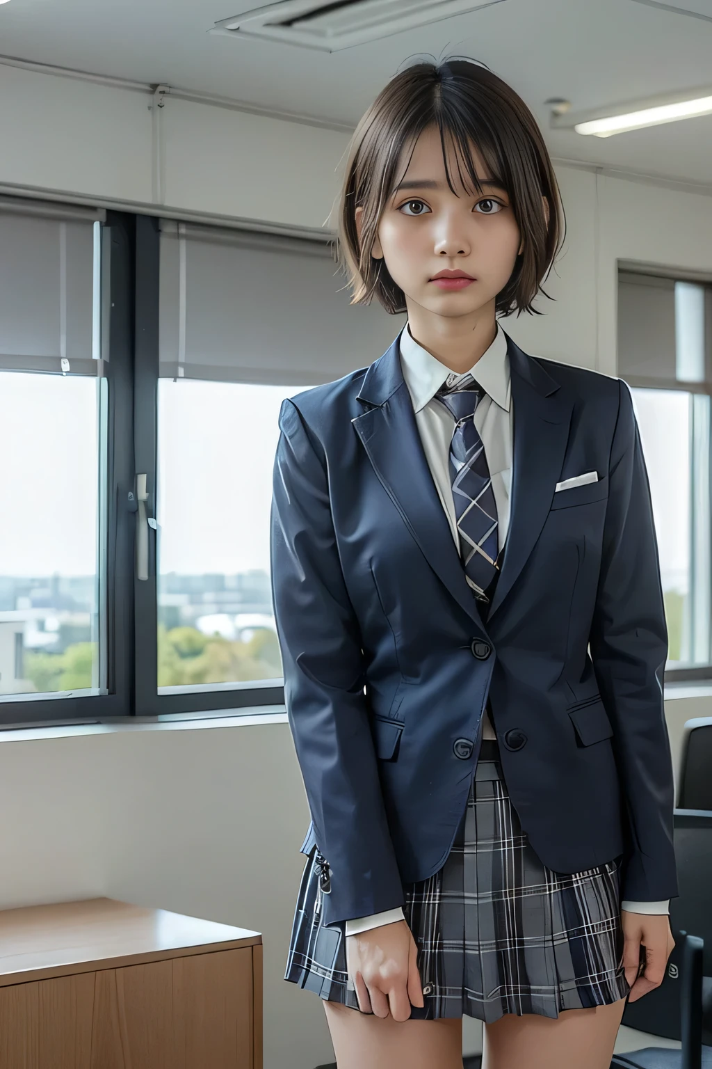 ((masterpiece:1.4))、((Flying debris:1.4))、((Woman with short light brown hair:1.4))、((Cowboy Shot:1.4))、((Front shot:1.4))、((She is standing in the company office., A grey checkered pleated skirt that accentuates the thighs.:1.7))、((High School Girl Uniform Tie:1.4))、Very sexy outfit, ((Wearing a strict dark blue blazer suit:1.4))、High school girl blazer uniform、Sexy look,((Woman with sad expression:1.4))、((A girl with short hair:1.5))、