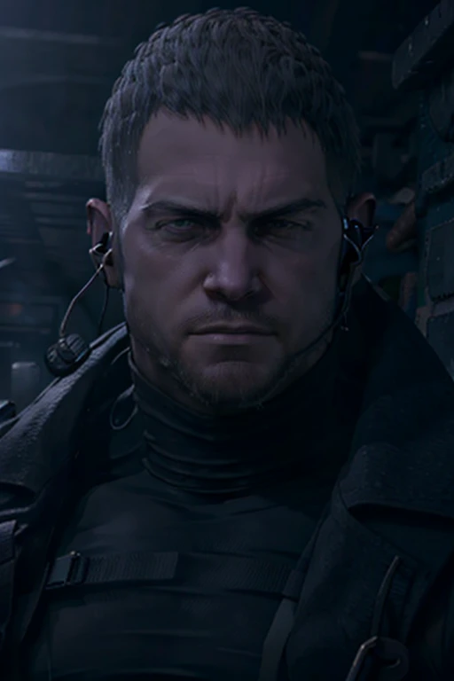 Dark gothic village in the background, old Chris Redfield from Resident Evil 8, 4, muscular male, tall and hunk, black cold turtleneck, straps, earpiece, beard, handsome face, deadpan, video games style, high resolution:1.2, best quality, masterpiece, dark nightime, dark atmosphere, volumetric lighting, shadow, potrait, face close up