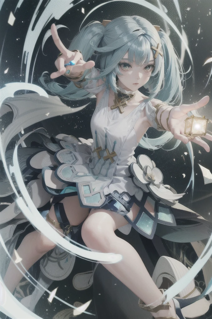 Award-winning art, anime girl, Faruzan genshin impact, full person body, beautiful eyes, neat leaps, 1girl, solo, hair ornament, light cyan hair, twintails, long hair, ornamented dress, neckless, low camera angle, 3D-model, realistic render, 4k, masterpiece,  dramatic lighting,   