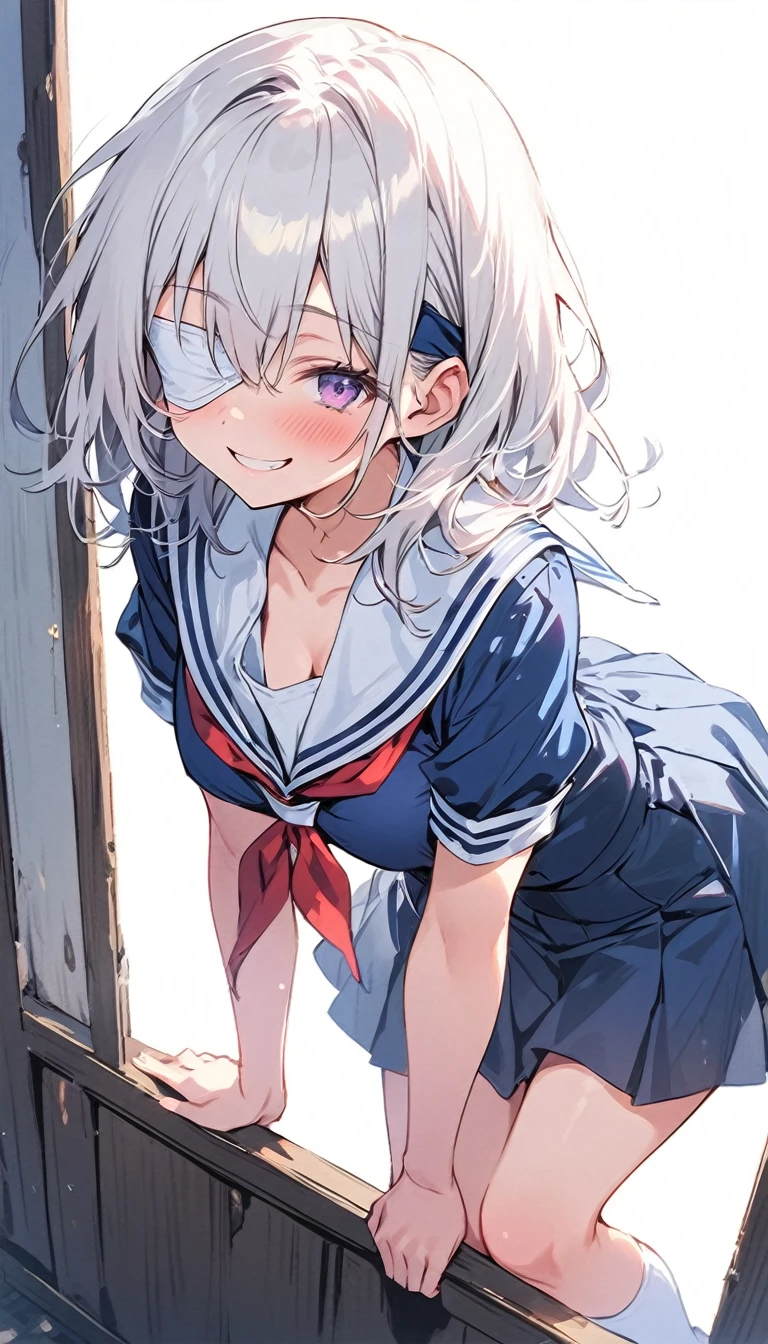 A -yeld Jaese super beautiful young lady with white hair in a bun, wearing a super shiny blue raincoat and long-sleeved sailor uniform.　A pussy covered in white slime and pubic hair is forced open　She was raped by the doctor and had sex in the missionary position while crying