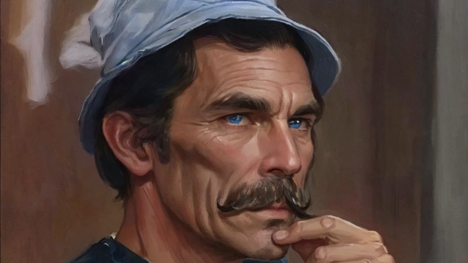 there is a man with a mustache and a hat on, Dom Ramon, light blue eyes, oldman with mustach, Gary Giz, thin moustache, Christian Billy, basil gogos, long chin, Inspired by Glennray Tutor, bushy mustache, Bill Stoneham, Tom Finland, leonard nimoy, Clyde Waldwell, Pepper Bob, starving artist wearing overalls, quint