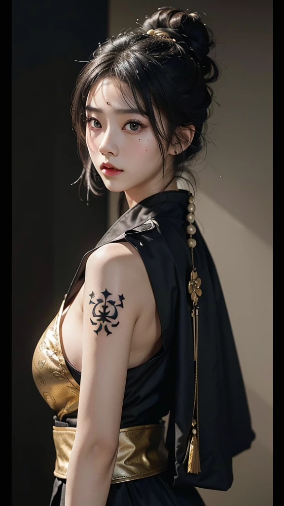 Hair Bun，Huge breasts，Showing breasts，Eyebrow tattoo，Hanfu，White skin，Full body portrait，Black costume，Highlight the areola，Dark Background，Superbly detailed eyes，Exquisite face，Perfect face，Full body portrait，Black hair，Gold hair accessories