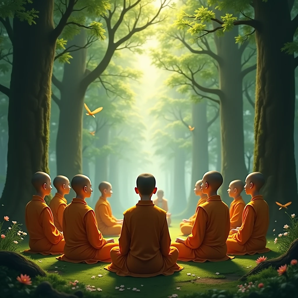 women standing in front of the Buddha, nodding with hope and determination. The Buddha speaks to her kindly, with monks around, and trees gently swaying in the background.

