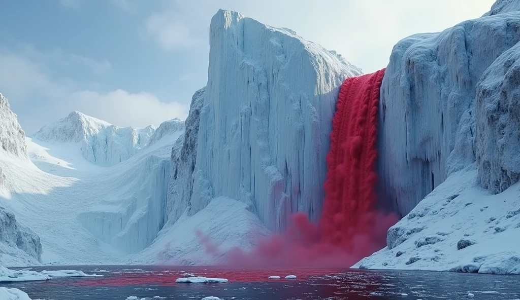 Create a dramatic scene of Blood Falls in Antarctica. Show a towering, majestic glacier with a high, cascading red waterfall. The bright red water should flow vividly and realistically, resembling actual blood, creating a stark contrast against the icy, white glacier. The surrounding landscape should be a barren, snow-covered terrain under a cold, clear sky. Emphasize the realism of the blood-like red water and the impressive height of the waterfall