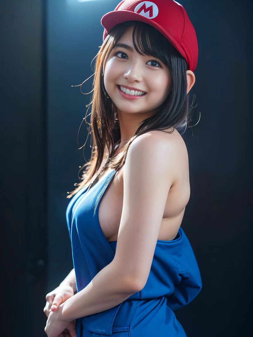 (8k, RAW Photos,Highest quality, High resolution:1.1), (Ultra-realistic:1.4),(Realistic, Realistic:1.3),The Beauty of Japan、1 person、((smile:1.2))、A girl cosplaying as Super Mario, Mario,Red Hat,naked:1.3、Blue jumpsuit、whole body、Butt、Game Background