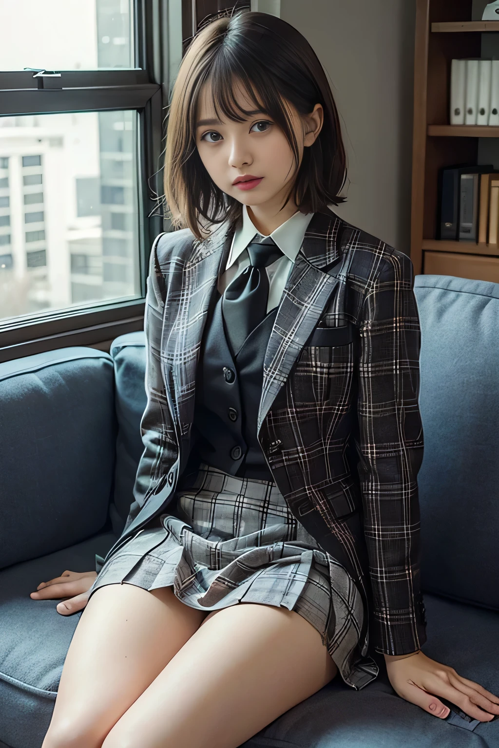 Arafed asian woman in a suit and tie sitting on a couch - SeaArt AI